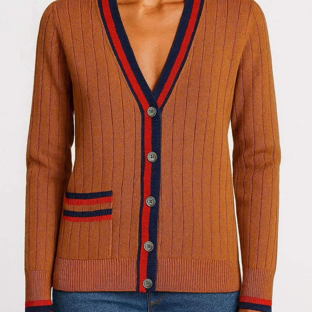 KULE Brown Cardigan with Red and Navy Accents - Picture 4 of 5